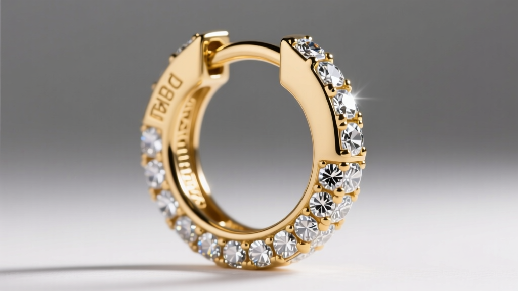 Macro shot of a gold vermeil B. David huggie hoop highlighting the precise hinge mechanism and pavé cubic zirconia stone settings