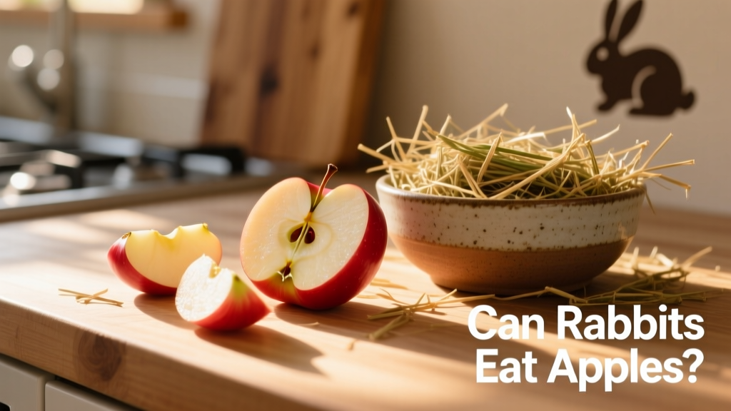 A fresh red apple sliced into small pieces next to a bowl of timothy hay