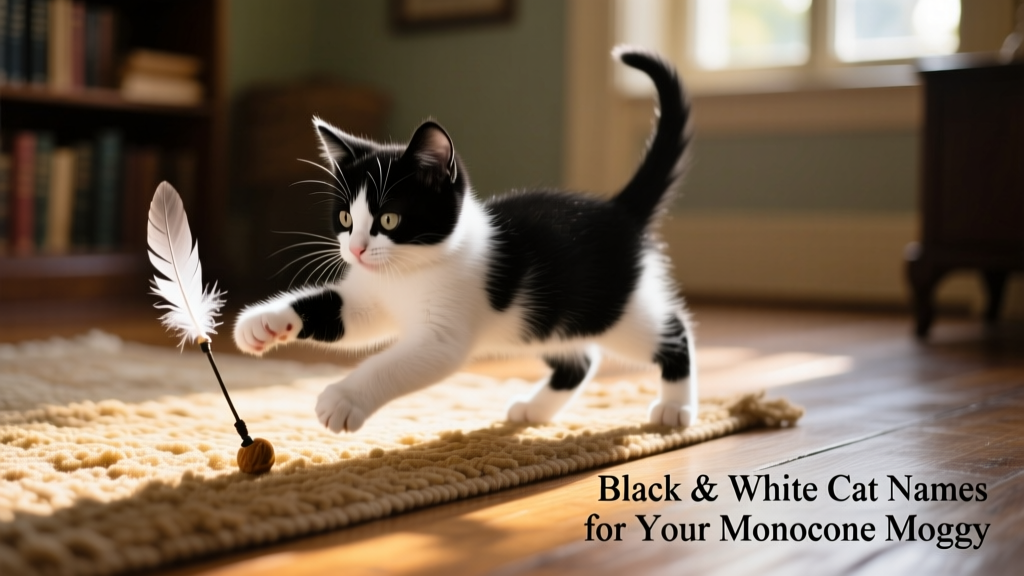 A playful black and white kitten batting at a feather toy on a sunlit rug