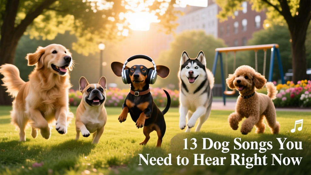 A diverse group of dogs of different breeds dancing playfully in a sunlit park, with headphones around one dog's neck