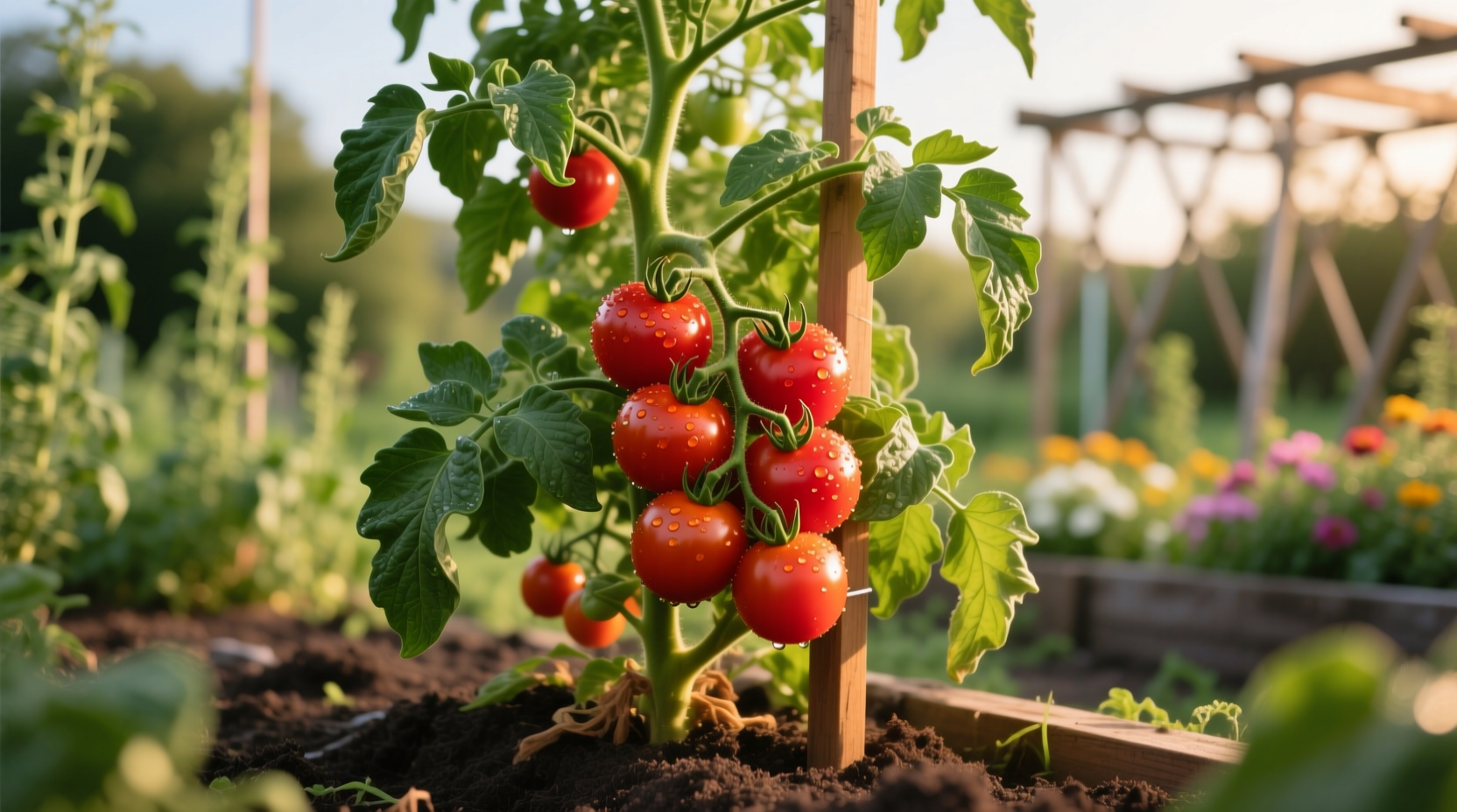 Healthy tomato plant with ripe fruit in garden
