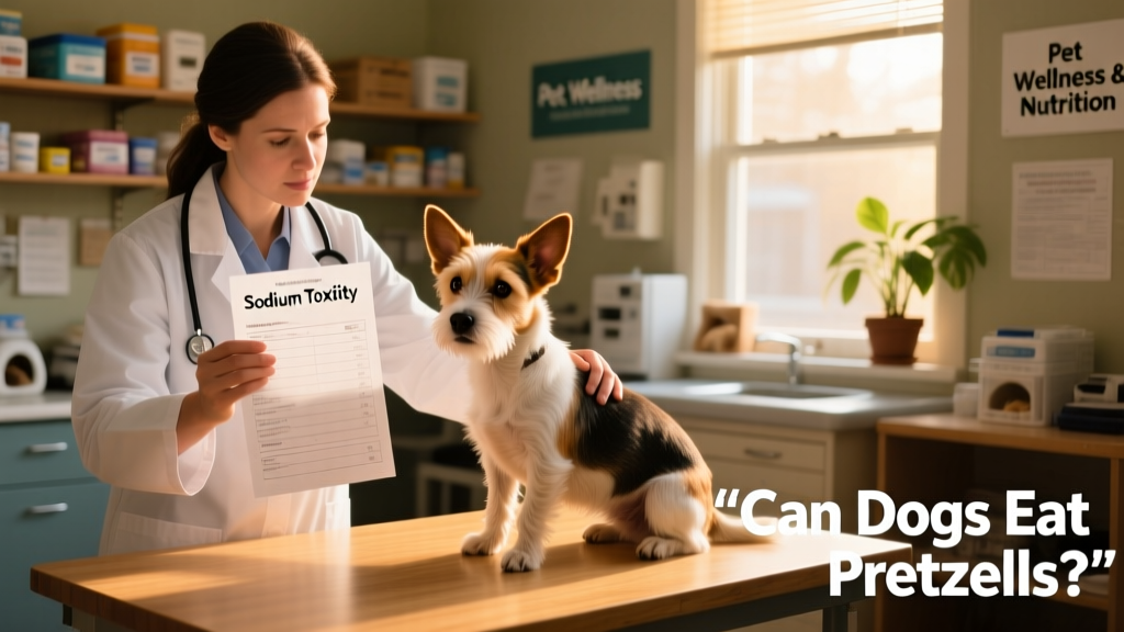 Veterinarian examining a small dog while holding a chart labeled 'sodium toxicity'