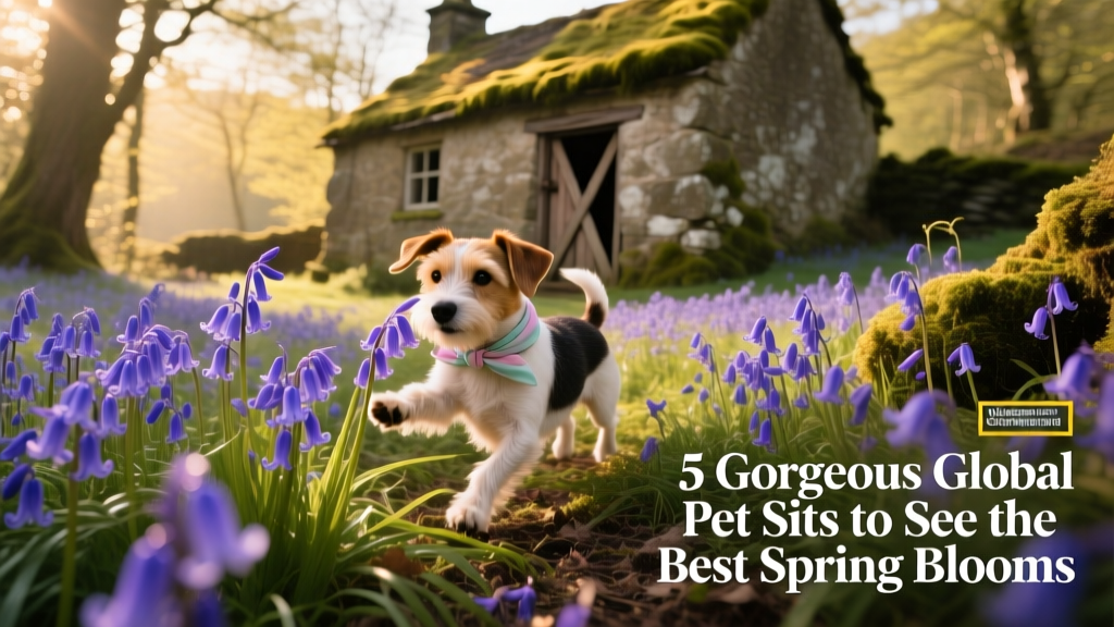 A sun-dappled forest floor covered in purple-blue wild bluebells, with an old stone cottage visible in the background