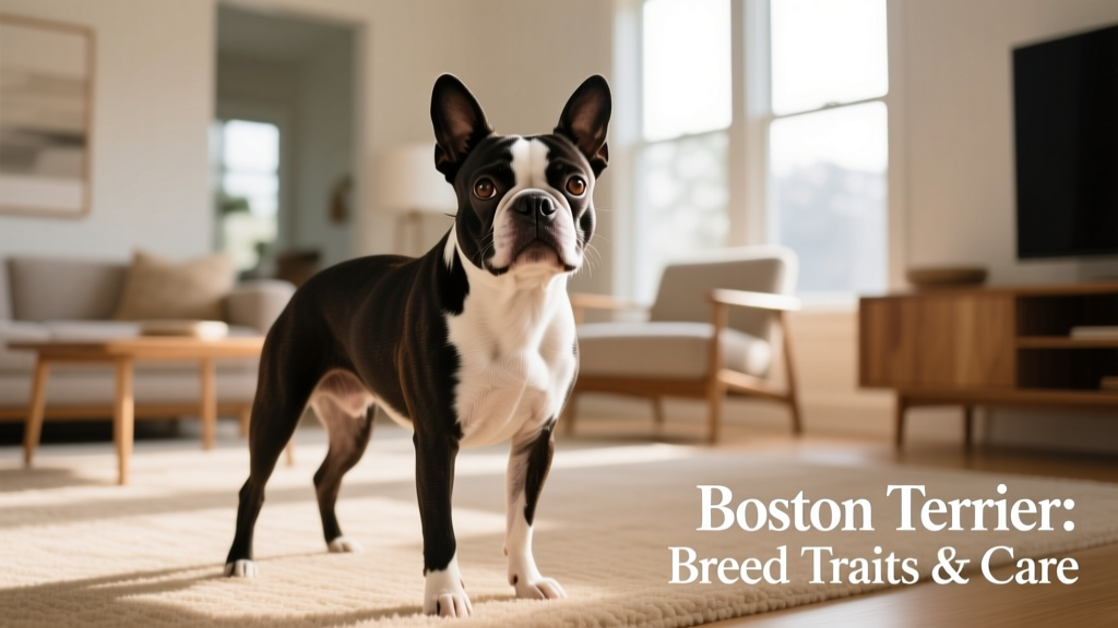 A well-groomed Boston terrier standing confidently indoors, showcasing its tuxedo-like coat and expressive eyes