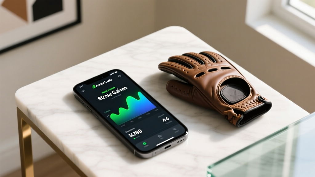 Top-down view of a smartphone displaying the Arccos Caddie app dashboard with stroke gained data next to a golf glove