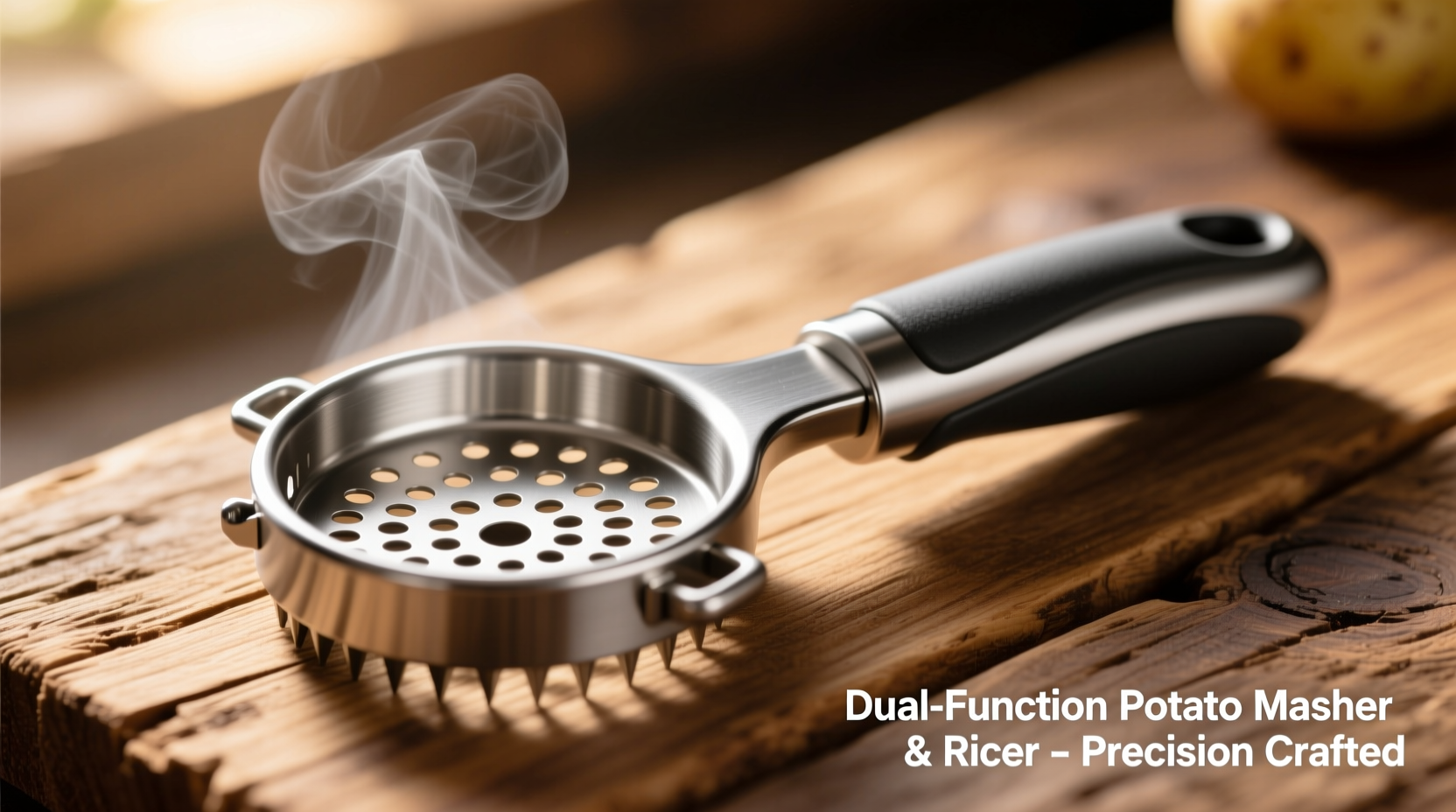 Dual-function potato masher and ricer tool on wooden surface