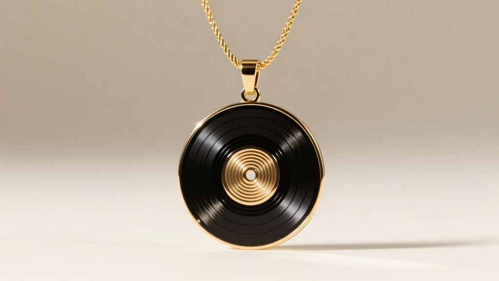 Macro shot of a laser-cut genuine vinyl record pendant showing micro-grooves, hanging from a delicate 1.2mm gold cable chain.