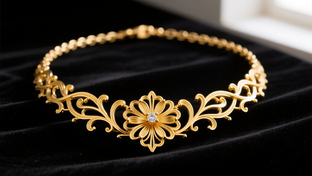 Macro shot of an 18k yellow gold filigree necklace on dark velvet, showing intricate floral metalwork and delicate chain links.