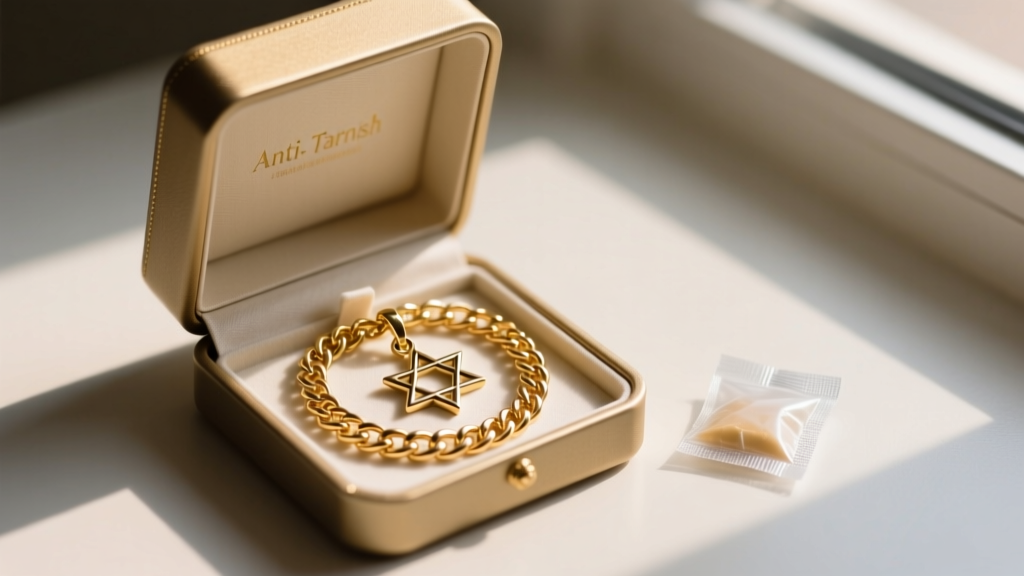 Open anti-tarnish box containing a neatly coiled gold chain and Star of David pendant, next to a small silica gel packet