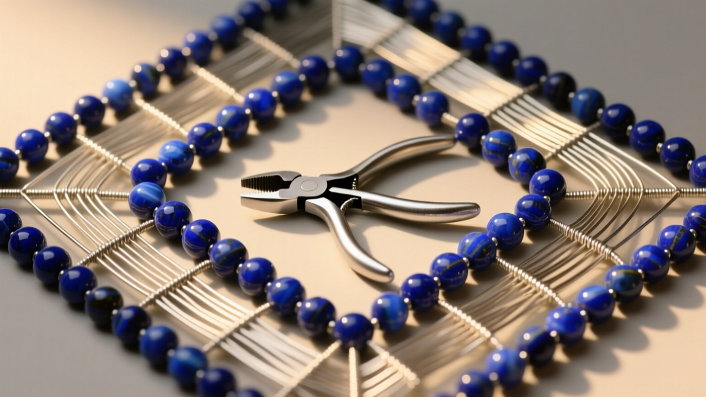 Top-down view of a bead board holding 8mm lapis beads, 49-strand steel wire, and silver crimping pliers under warm studio lighting