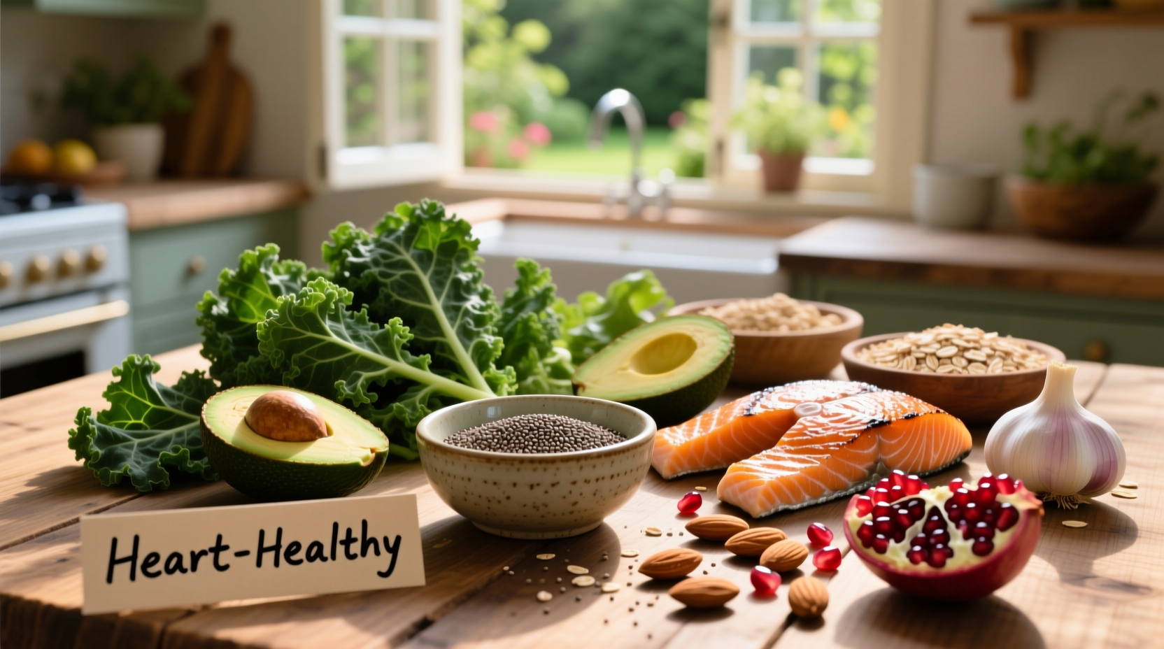 Cholesterol lowering foods on wooden table