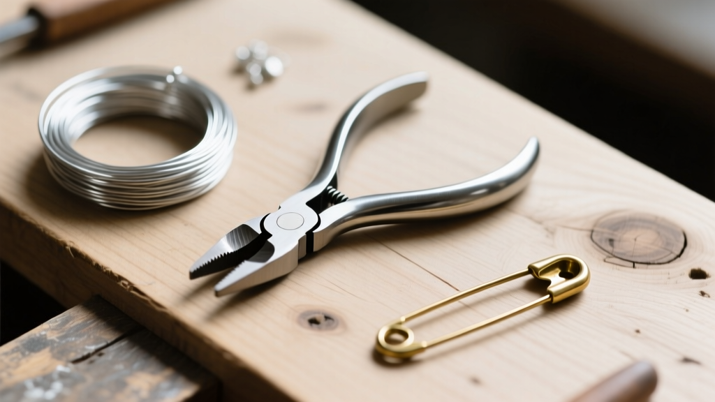 Overhead view of jewelry tools, flat nose pliers, 18-gauge silver wire, and a brass safety pin on a wooden workbench.