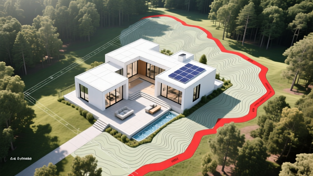 Top-down architectural blueprint of a custom home layout overlaid on a topographical map of a wooded 2-acre lot with property lines marked in bright red
