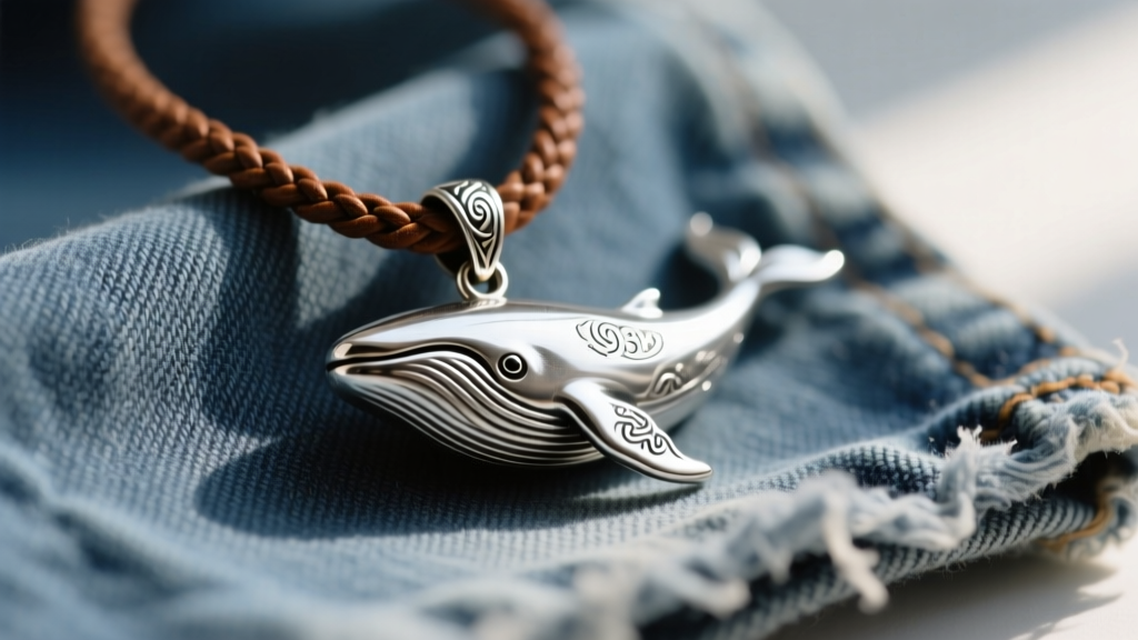 Close-up of a 1993 movie replica silver whale pendant on a braided brown leather cord, resting on faded vintage denim fabric.