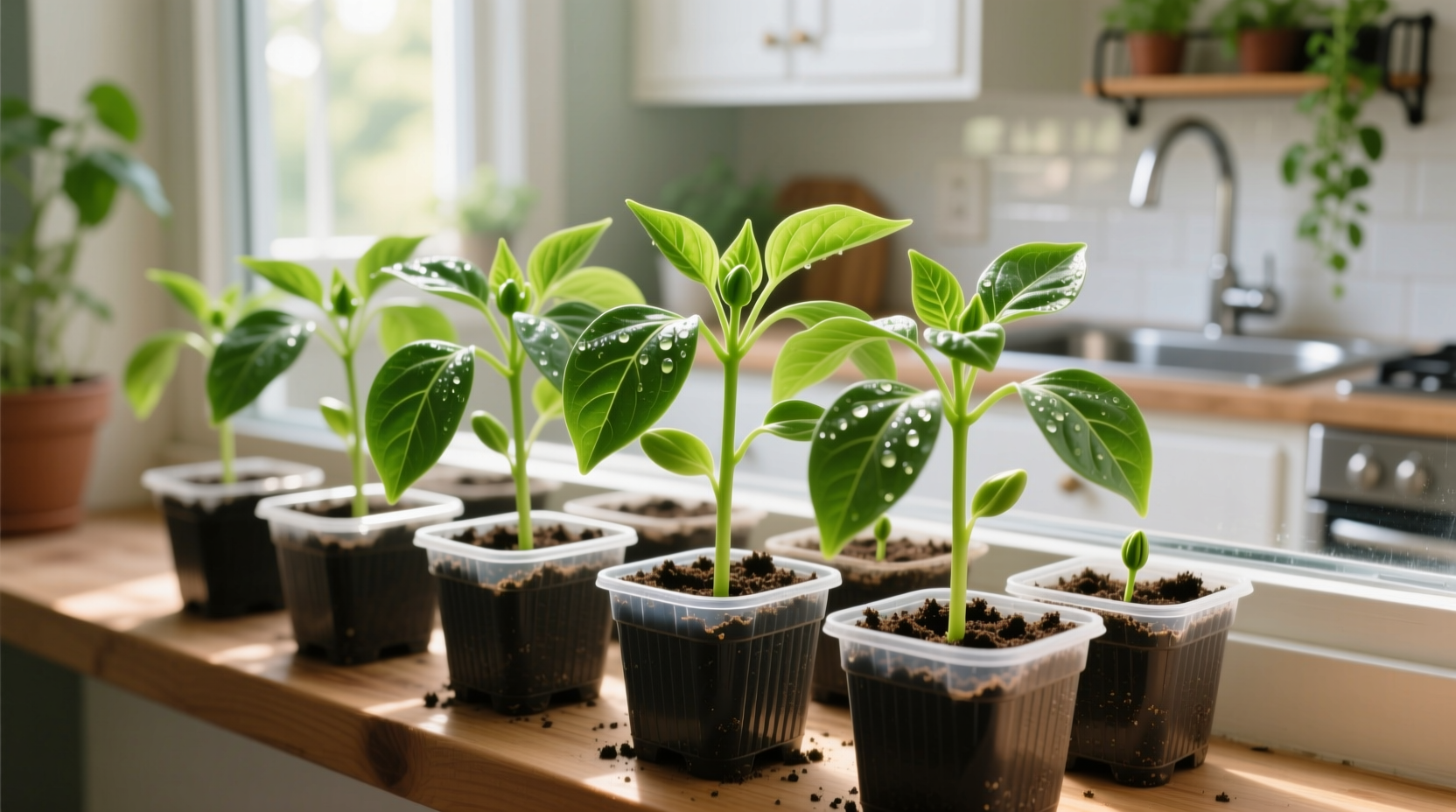 Bell pepper seedlings in starter pots with healthy green growth