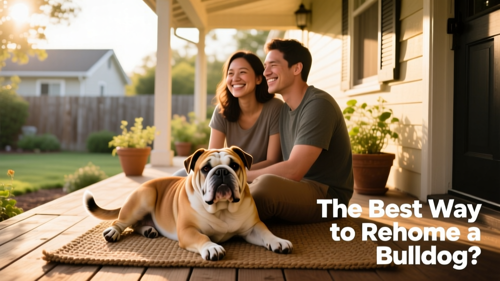 Two people smiling warmly as they sit together with a relaxed bulldog between them on a sunlit porch