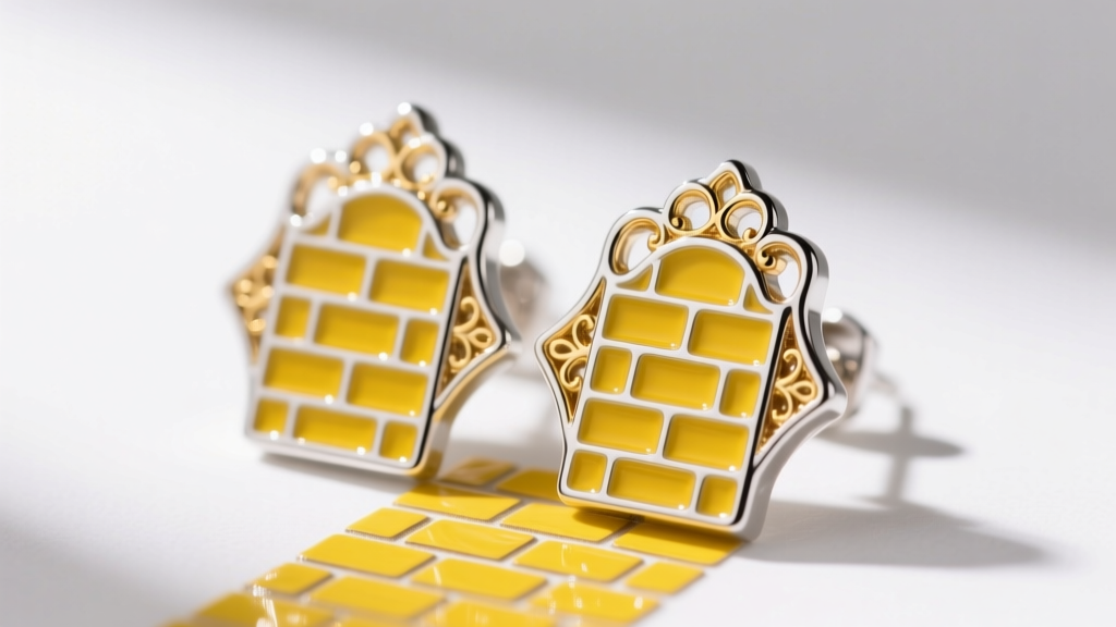 Macro shot of modern sterling silver Wizard of Oz enamel earrings, showing vibrant yellow brick road detailing and polishing cloth