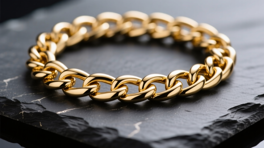 Macro photo of a polished 14k gold curb chain resting on dark slate, highlighting flat interlocking links in bright studio light
