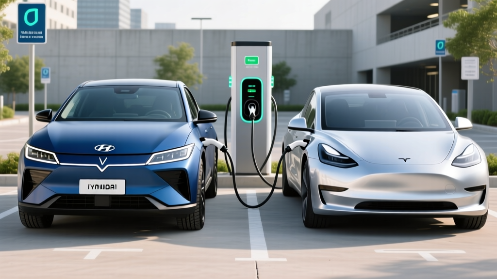Side by side visual comparison of the Hyundai Ioniq 5 and Tesla Model 3 charging at a public direct current fast charger