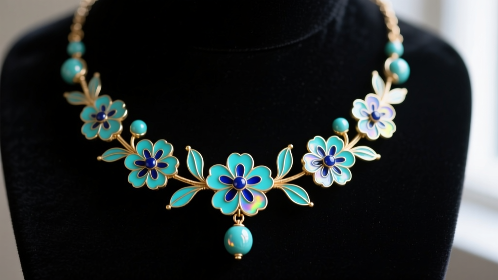 Macro shot of a vintage cloisonne bead necklace with turquoise and cobalt floral motifs and fine brass wirework on dark velvet.