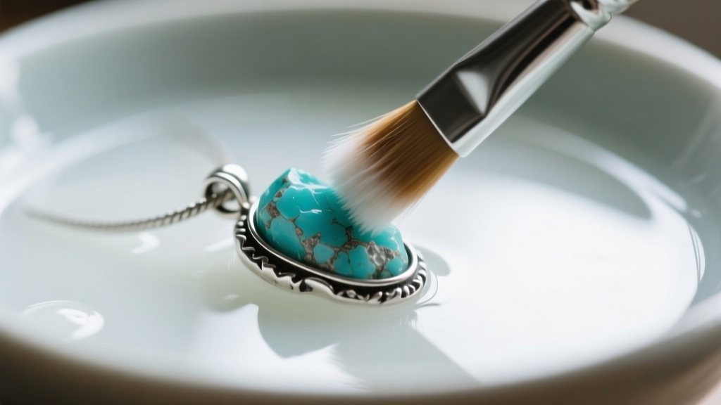Soft brush cleaning a rough turquoise nugget pendant in oxidized silver, with a bowl of mild soapy water blurred in the background