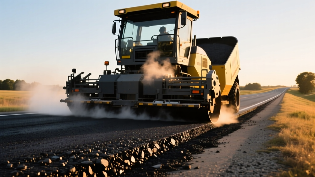 Heavy paver laying fresh steaming blacktop on a road, revealing the coarse aggregate texture of the asphalt concrete mix