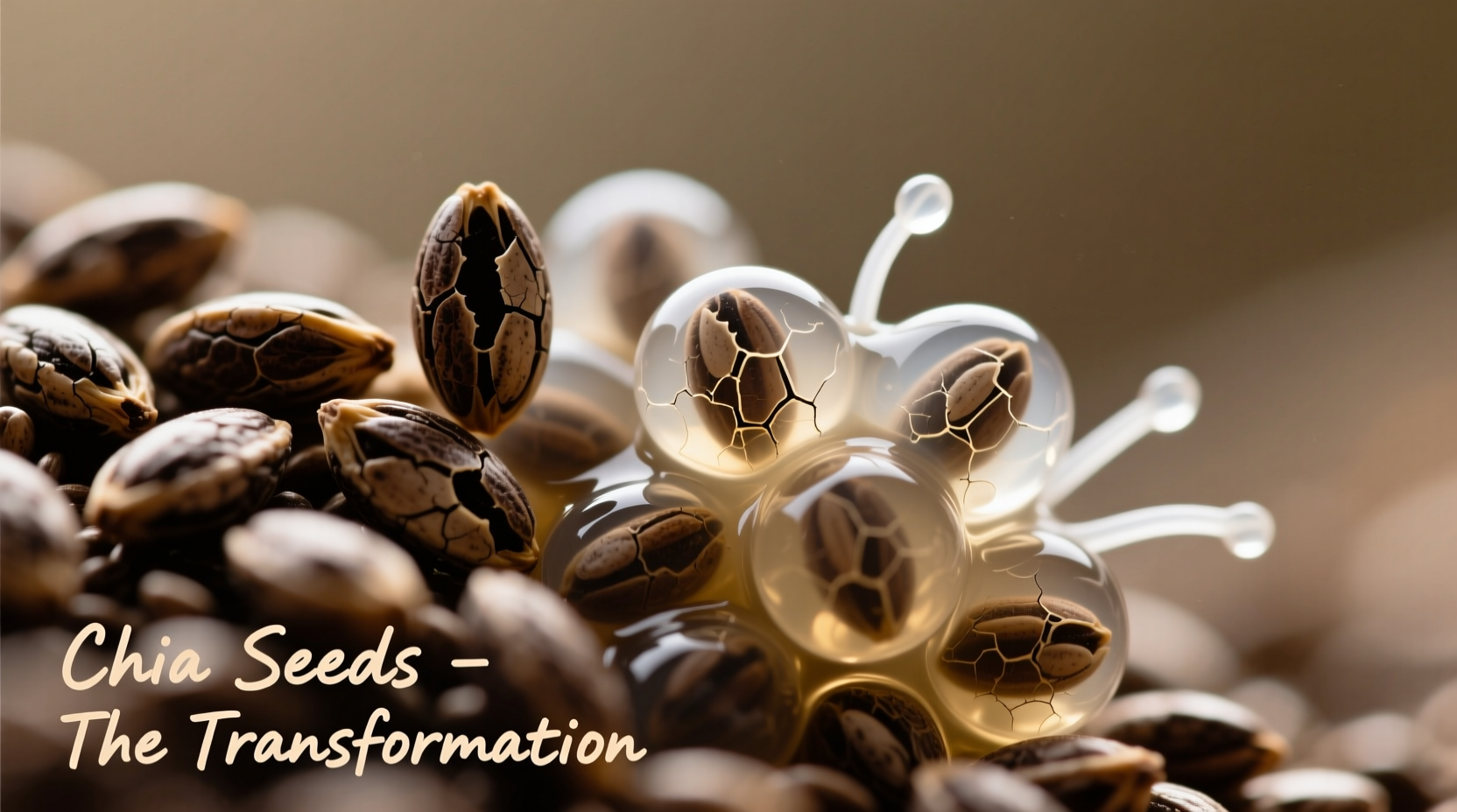 Chia seeds transforming from dry to soaked state