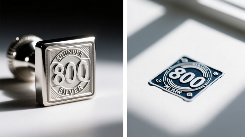 Split-screen comparison showing a genuine deeply struck 800 silver stamp next to a shallow, poorly aligned counterfeit hallmark