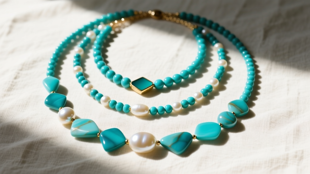 Flat lay of three layered necklaces with turquoise beads and baroque pearls on textured linen, top-down view, natural sunlight.