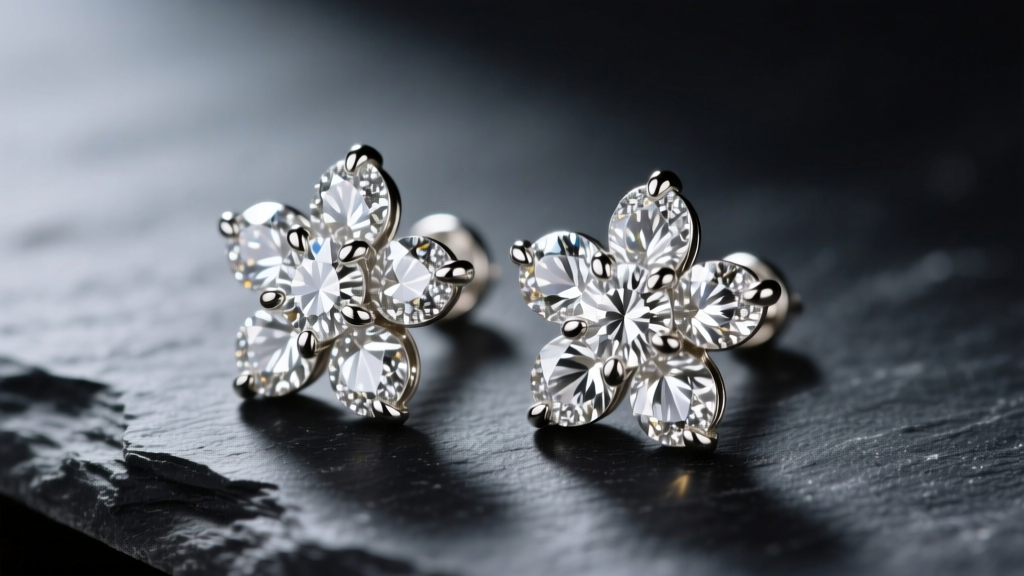 Macro shot of 18k white gold diamond flower cluster earrings on dark slate, highlighting micro-prongs and brilliant melee stones.
