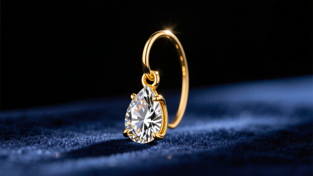 Macro shot of 18k gold French wire earring with a teardrop diamond on navy velvet under warm, soft directional studio lighting.
