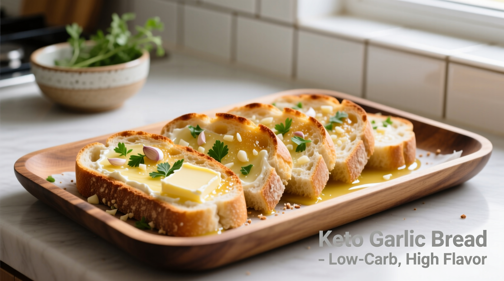 Keto garlic bread sliced with melted butter