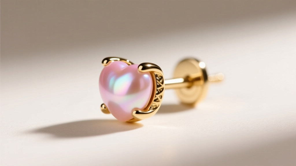 Macro view of a 20-gauge 14k white gold earring post with a la pousette backing holding a small pink heart shaped pearl stud.