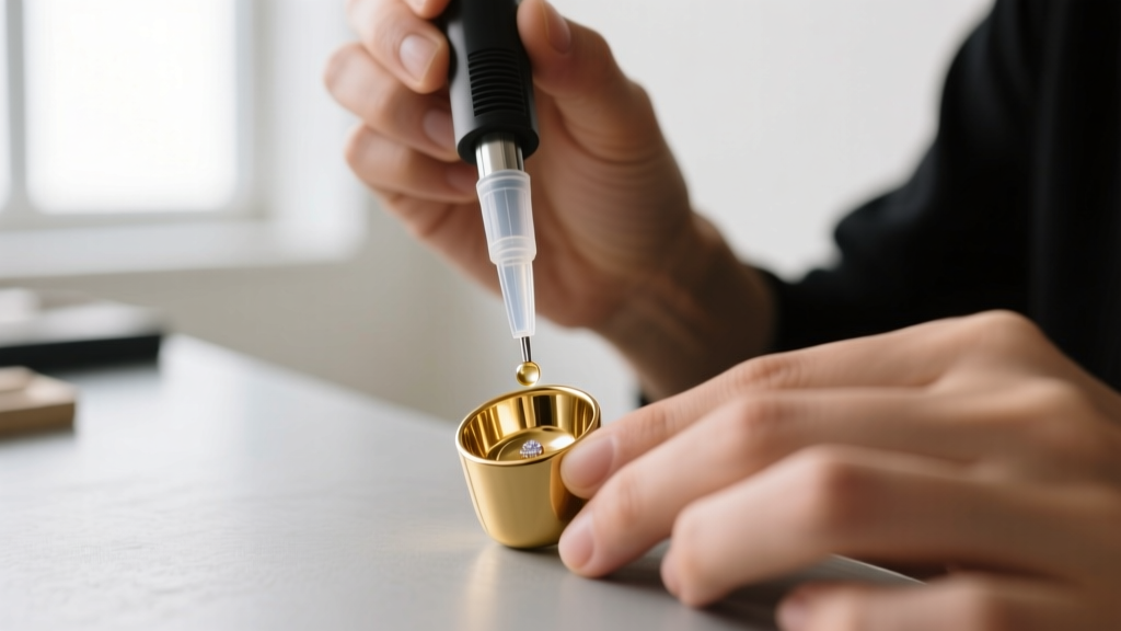 Jeweler applying clear epoxy adhesive inside a 14k gold earring cup using a fine micro applicator under bright light.
