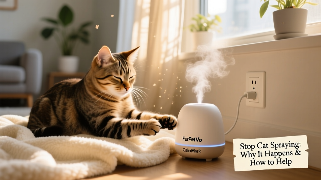 A relaxed cat kneading on a soft blanket beside a FurPetVo CalmMark™ diffuser plugged into an outlet near a sunny window