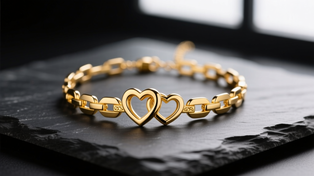 Close-up of a polished 14k yellow gold interlocking hearts daddy daughter necklace resting on dark slate with soft studio lighting.