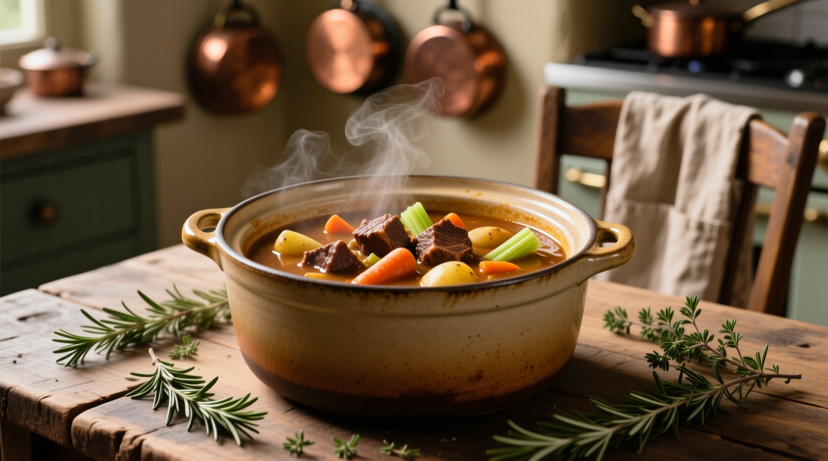 Crock pot filled with beef stew and vegetables