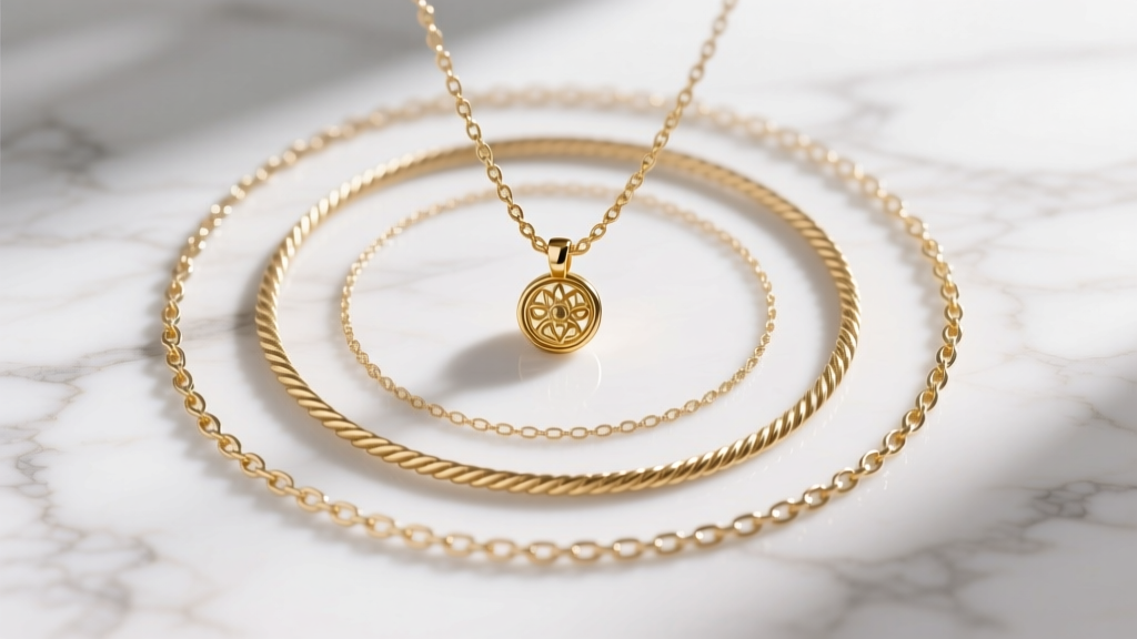Overhead flat lay of a layered stack with a 1mm box chain and 0.6mm rope chain plus a small gold pendant on white marble.