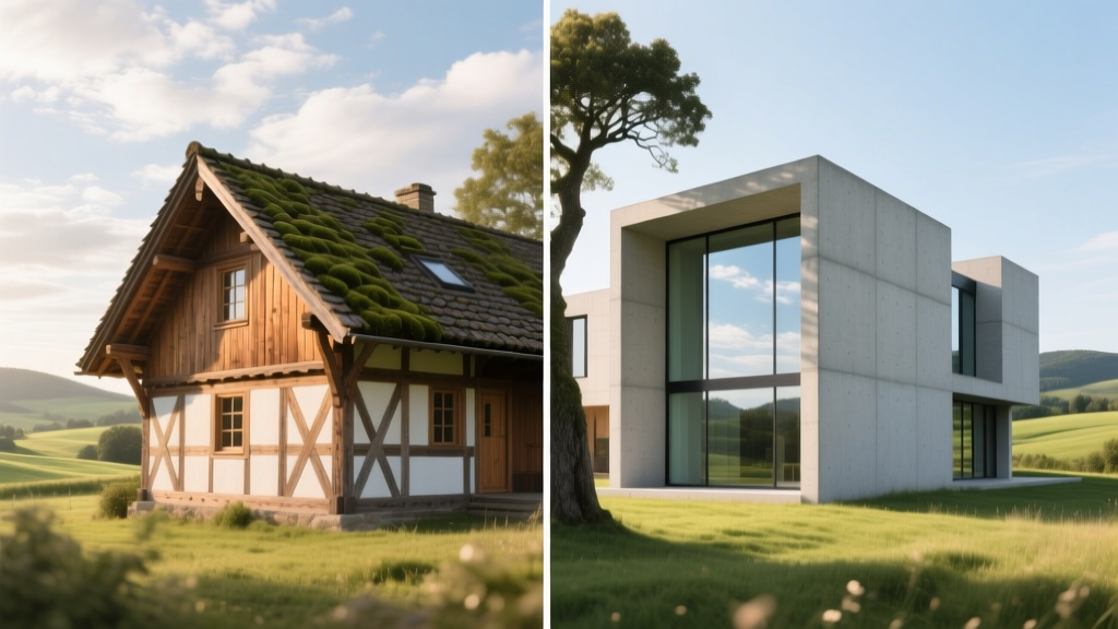 Split-screen architectural rendering showing a traditional wood-framed home on the left and a modern insulated concrete form home on the right