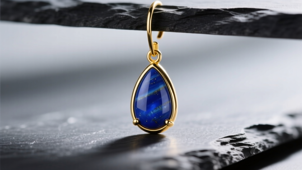 Macro shot of a 14k yellow gold drop earring with a teardrop lapis lazuli cabochon resting on dark slate in soft light