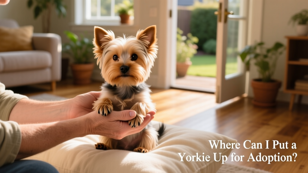 Two hands gently holding a Yorkie’s paws during a calm, supervised meet-and-greet between owner and prospective adopter