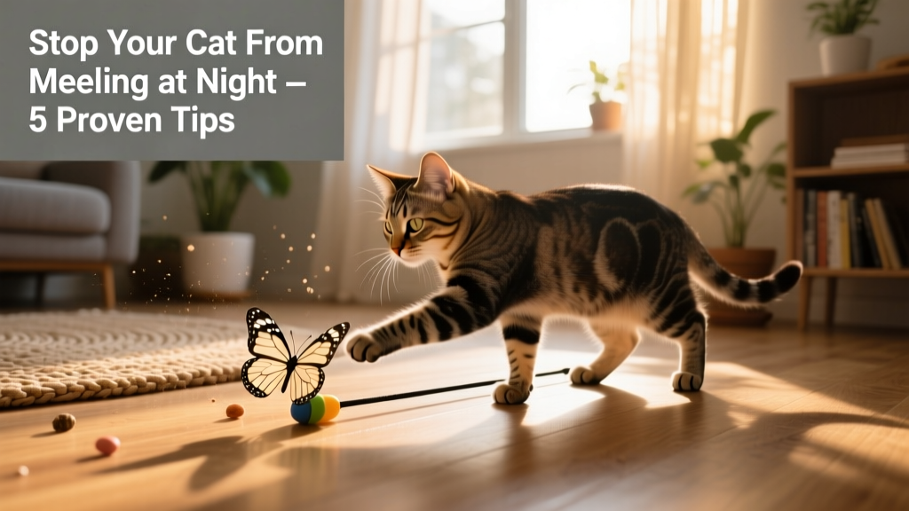 Cat playing with a butterfly-shaped track toy on the floor near a sunny window