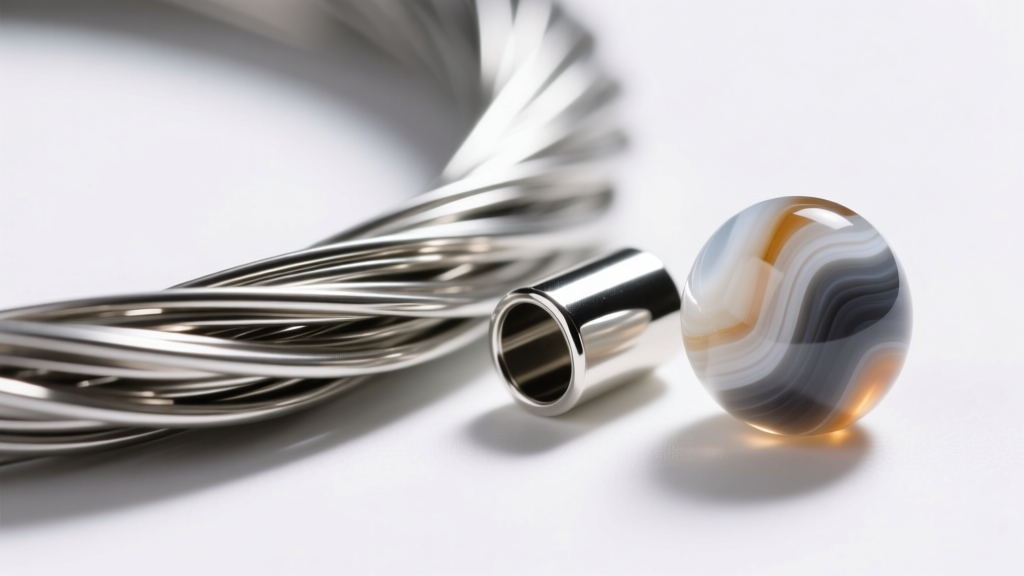 Detailed view of a 49-strand steel beading wire coated in nylon, resting next to a silver crimp tube and a polished agate bead