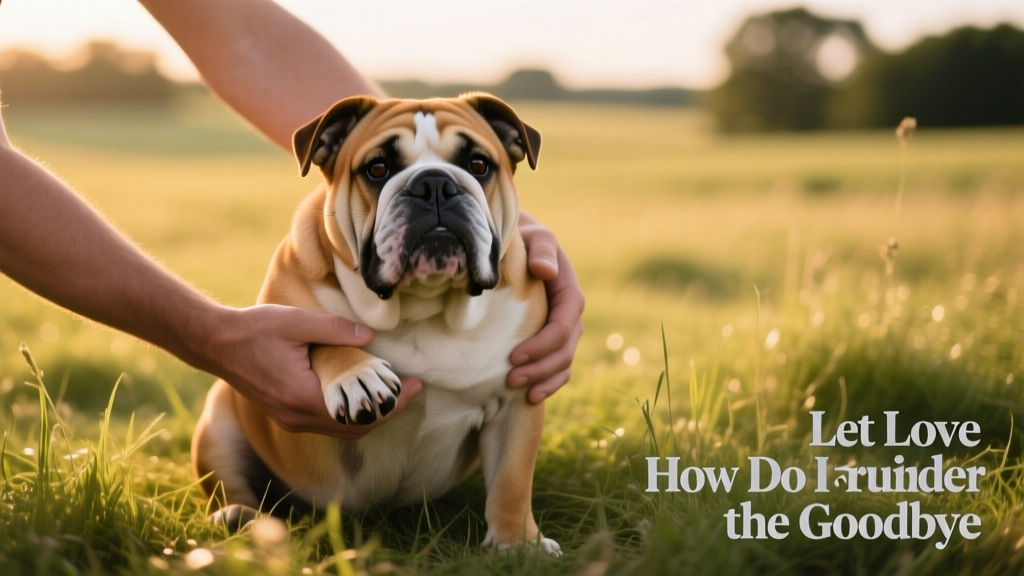 Two hands gently holding an English Bulldog’s paws while sitting on a grassy patch, symbolizing compassionate transition