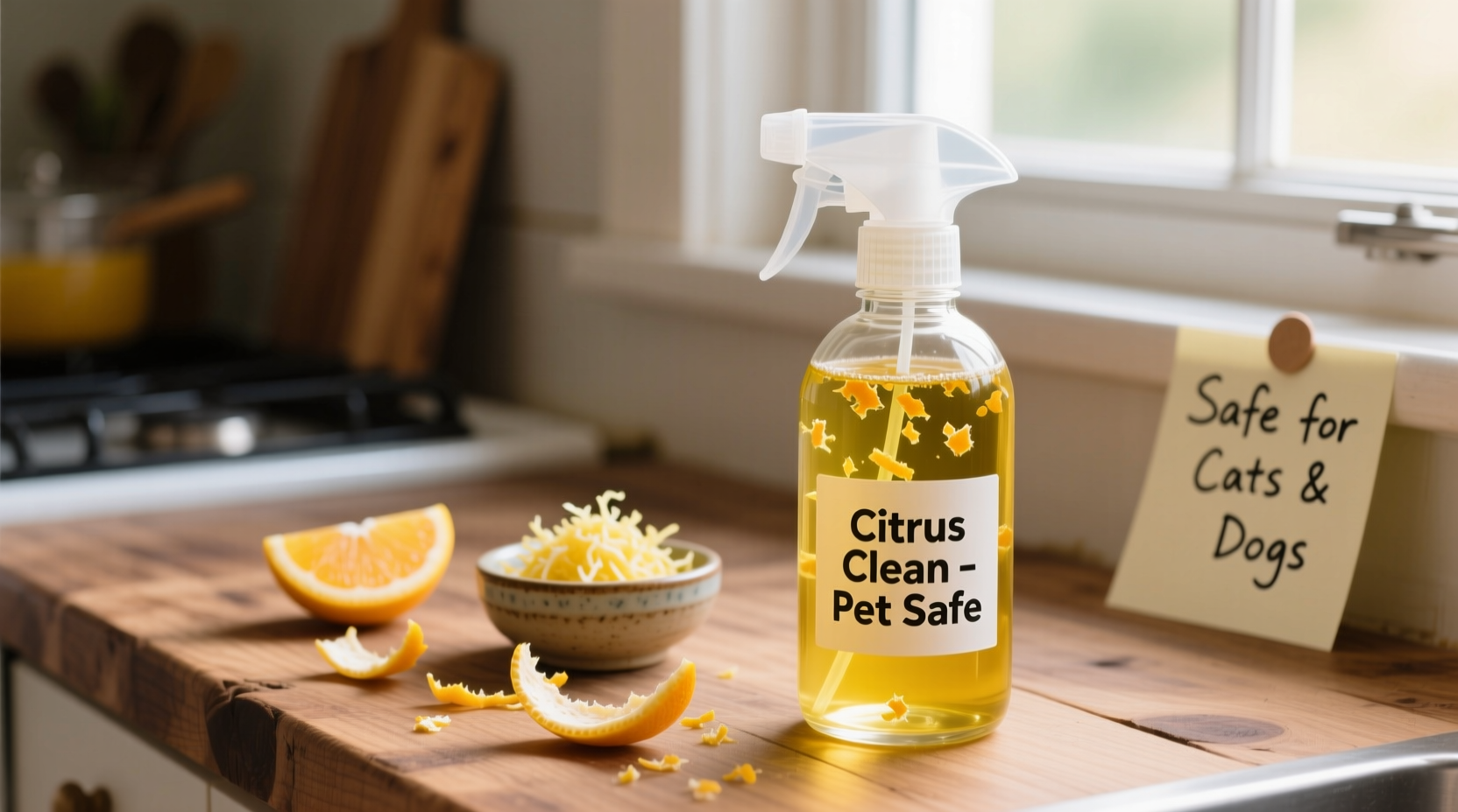 DIY pet safe cleaning spray using leftover citrus peels from cocktails