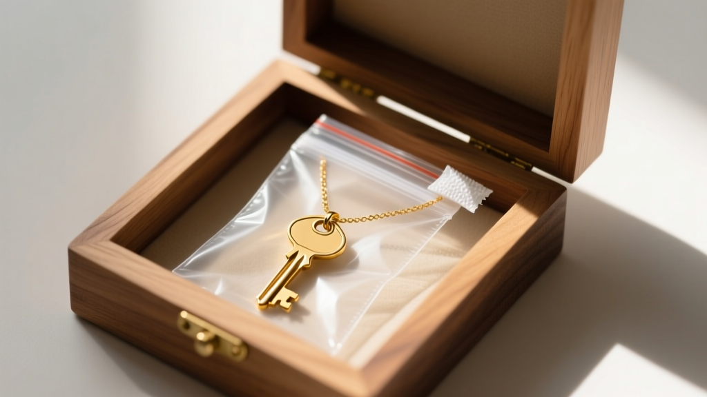 14k gold vermeil key necklace stored in a zip-lock anti-tarnish bag with a specialized strip, placed inside a wooden jewelry box.
