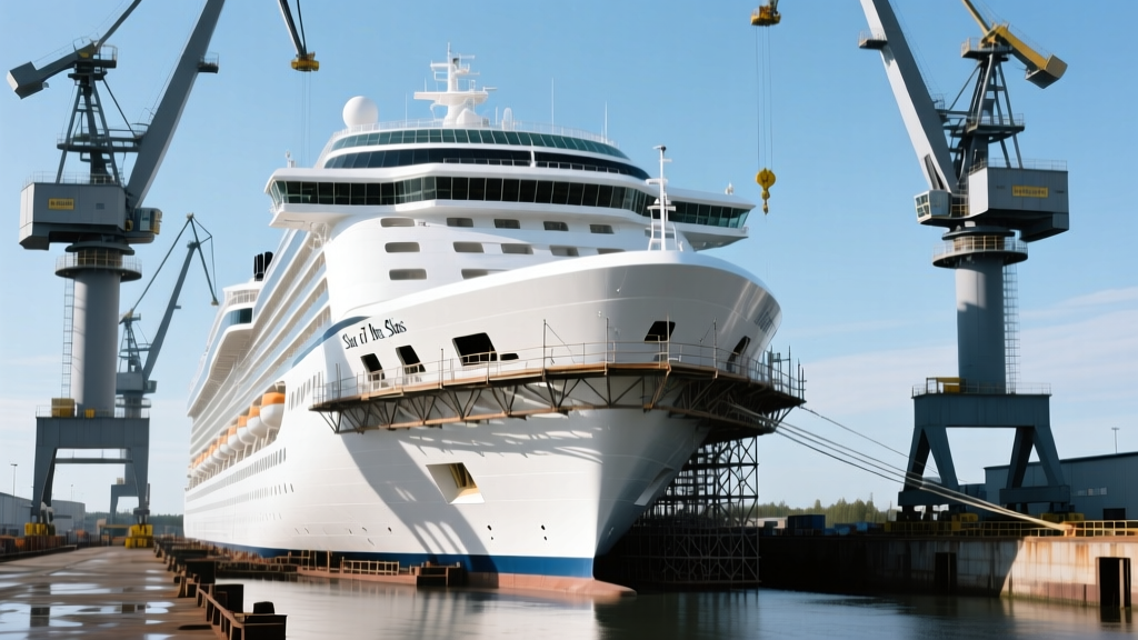 White hull of Star of the Seas cruise ship under construction at Meyer Turku shipyard with giant gantry cranes and steel scaffolding