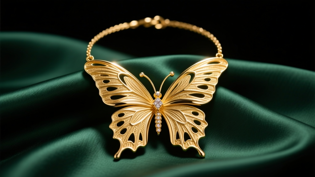 Large 14k gold filled butterfly necklace resting on dark emerald silk fabric, studio lighting highlighting the textured metal wings.