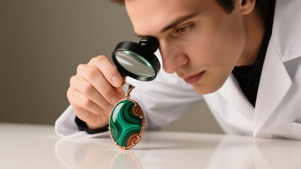 Jeweler using a loupe to inspect the bezel setting of an Eilat stone pendant, highlighting copper and malachite banding patterns