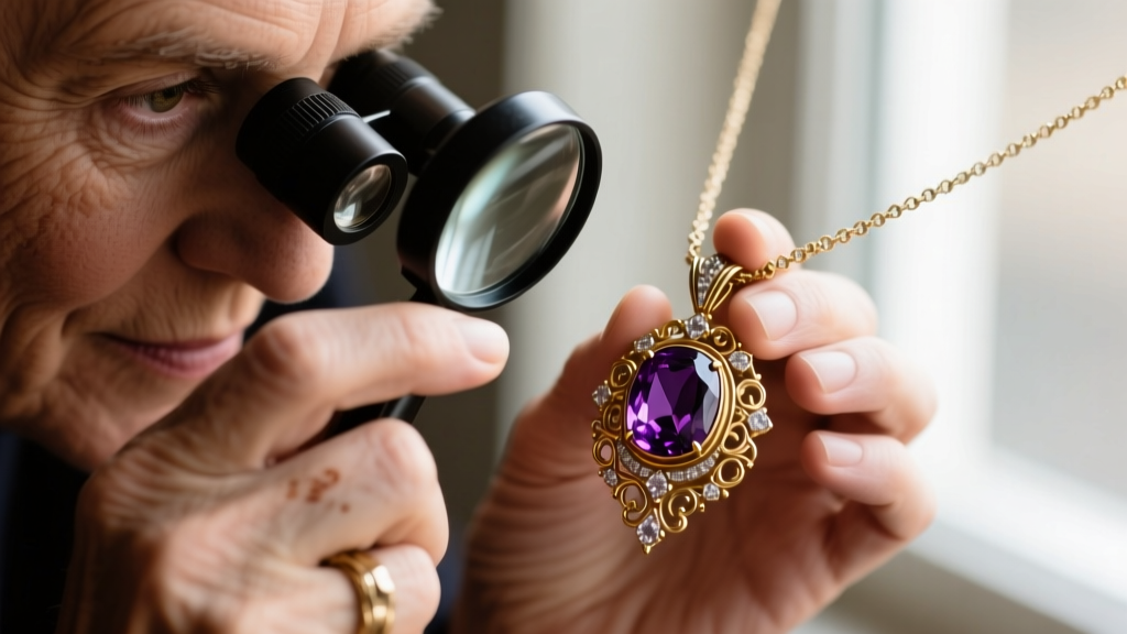 Jewelry collector using a 10x loupe to inspect the prong settings and foil backing of a vintage Sarah Coventry pendant necklace.